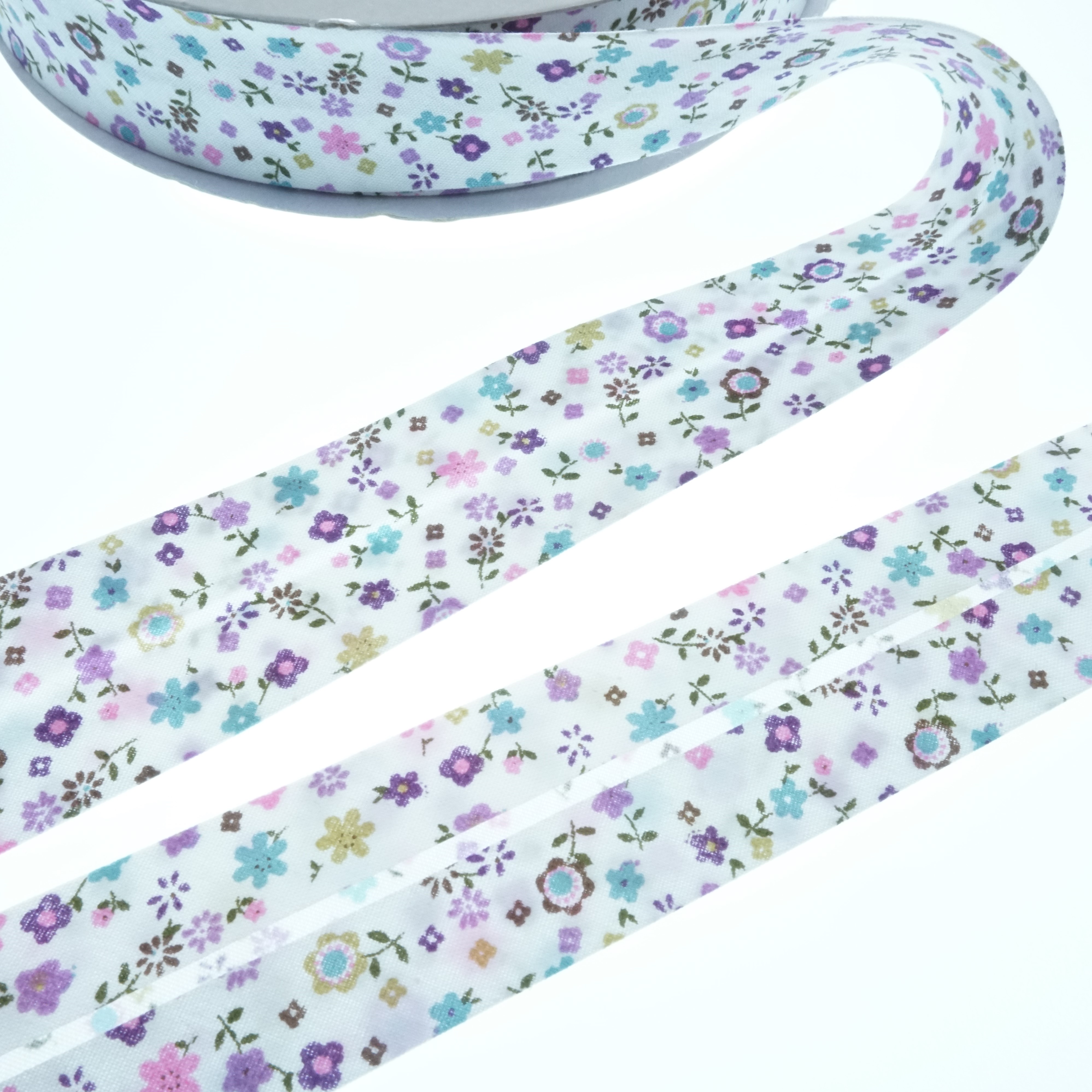 Bias Binding Floral Purple on White Col 69 - 25mm Wide by Fany