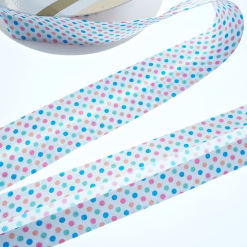 Bias Binding in Multicolured Spots on White Col 603 - 30mm Wide by Fany