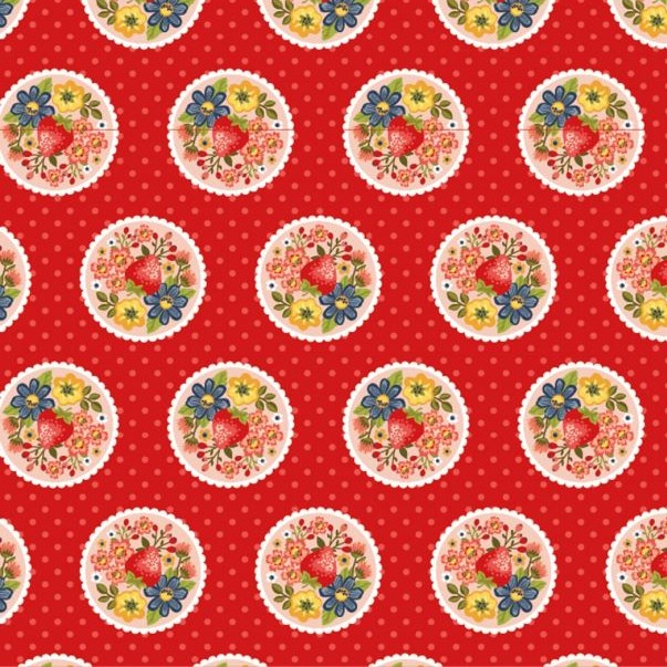 Quilting Fabric - Strawberry Medallion on Red from Betsy's Sewing Kit by Poppie Cotton Collection BK22107