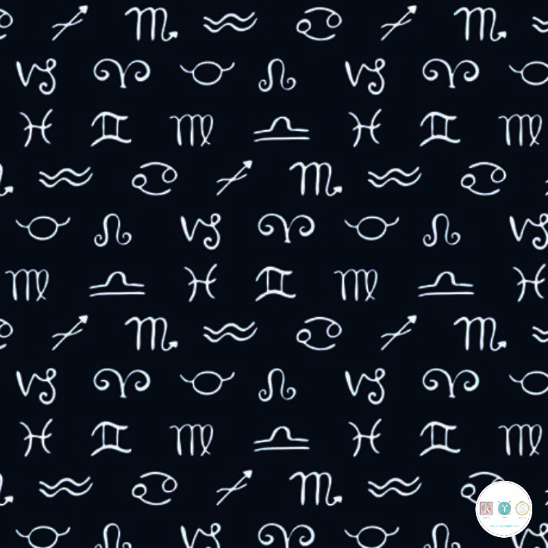 Quilting Fabric with Zodiac symbols on Navy from Celestial Zodiac by Heather Rosas for Camelot Fabrics