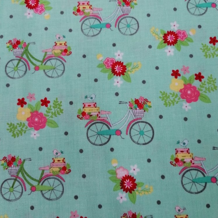 Quilting Fabric - Bicycles on Aqua from Vintage Adventure by Beverly McCullough for Riley Blake