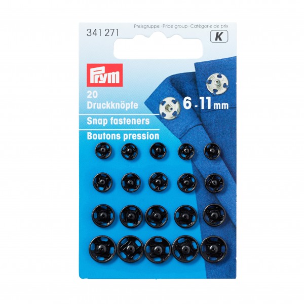 Snap Fasteners - 6mm to 11mm Sew-On in Black by Prym 341 271