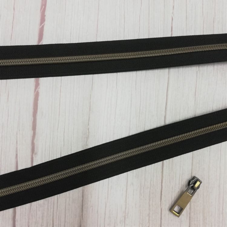 No 5 Black Zipper with Antique Brass Coil - Sold by the Metre