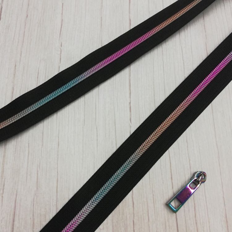 No 5 Black Zipper with Rainbow Coil - Sold by the Metre