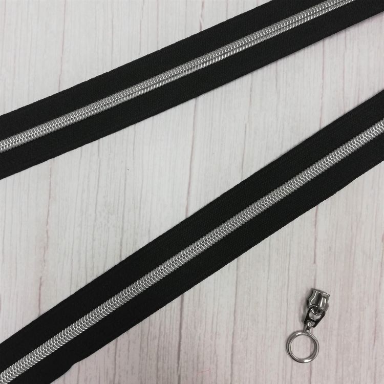 No 5 Black Zipper with Silver Coil - Sold by the Metre