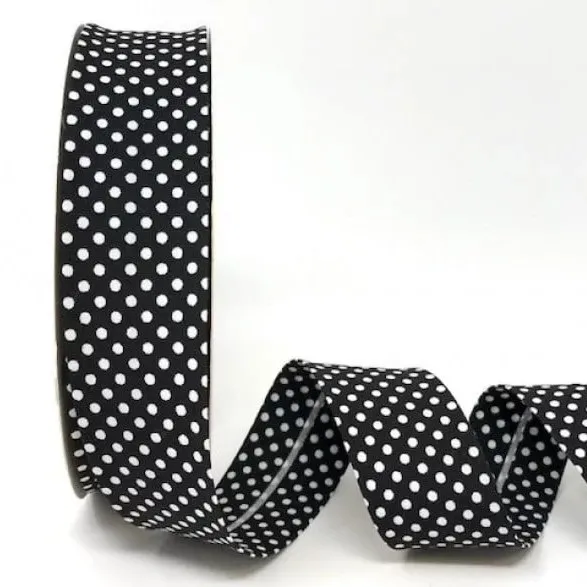 Bias Binding White Dots on Black - 30mm Wide by Fany