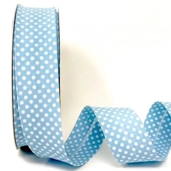 Bias Binding White Dots on Baby Blue Col. 15 - 30mm Wide by Fany