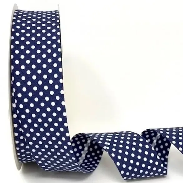 Bias Binding White Dots on Navy - 30mm Wide by Fany