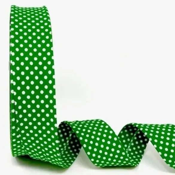 Bias Binding White Dots on Green - 30mm Wide by Fany