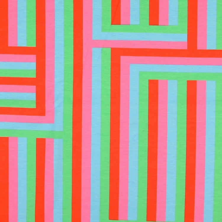 Cotton Jersey Fabric with Multi Coloured Geometric Stripe Pattern