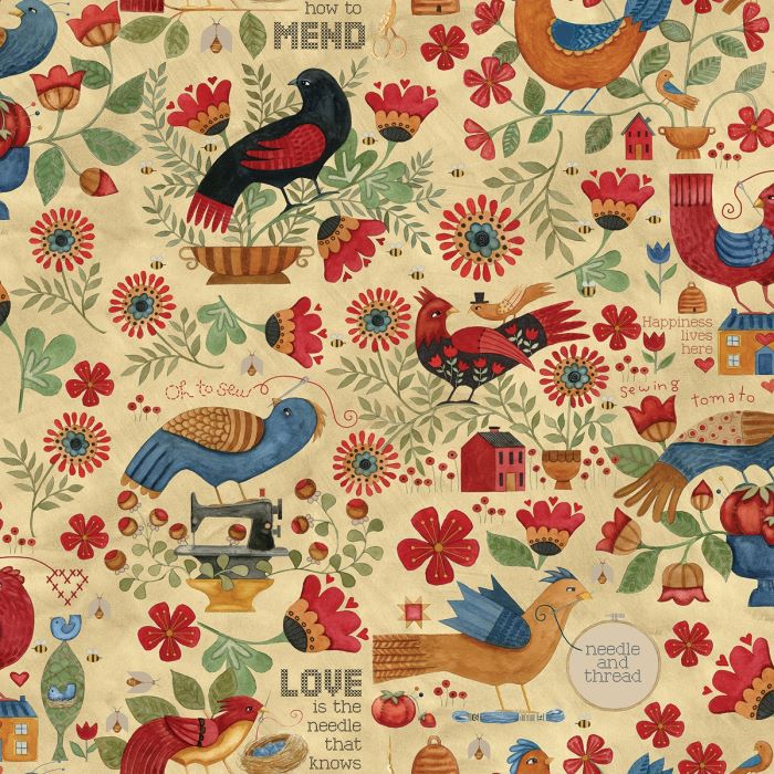Quilting Fabric - Folk Birds on Parchment from Stitchy Birds by Teresa Kogut for Riley Blake C12600R