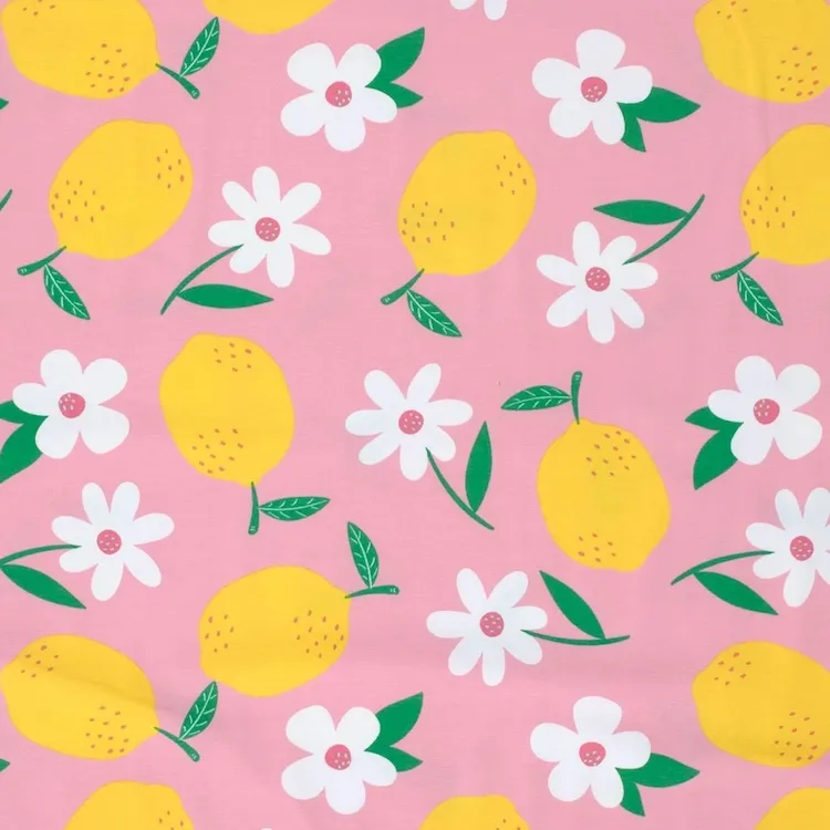 Cotton Jersey Fabric with Lemons And Flowers on Pink