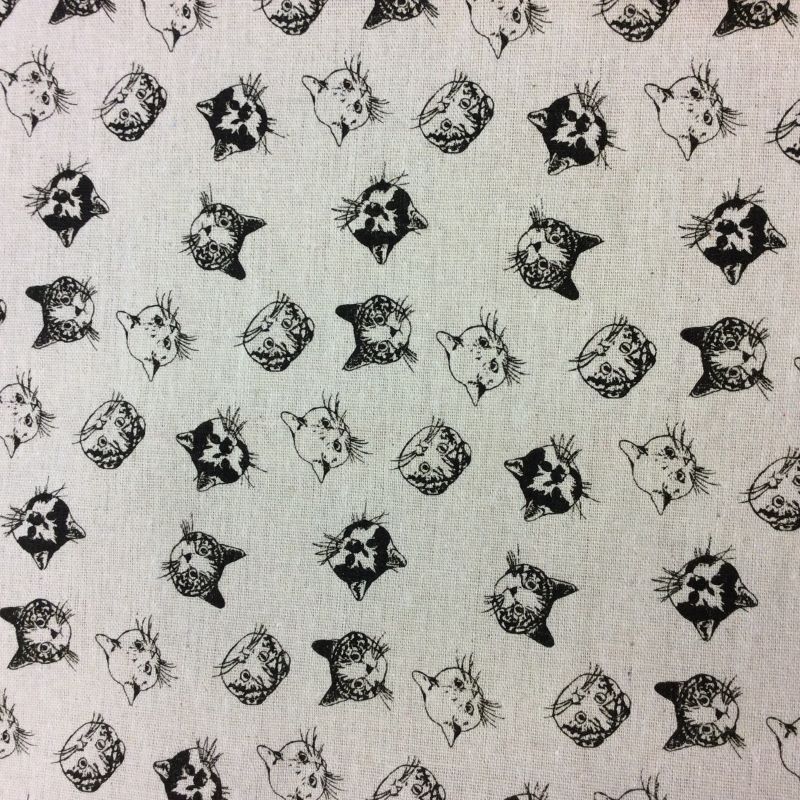 REMNANT - 42cm - Canvas Fabric - Cat Faces on Natural 