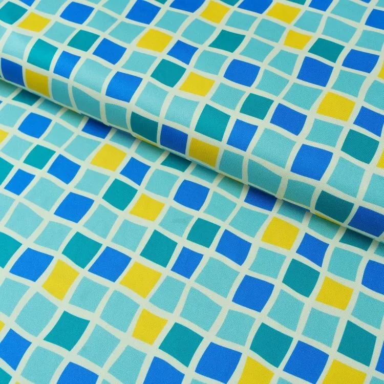 UPF 150 Swimwear Recycled Fabric with Squares in Blue Yellow Green