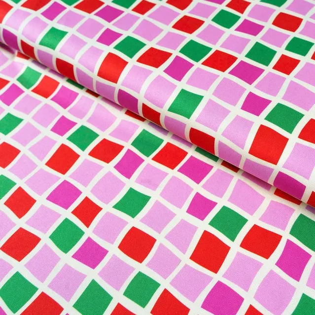UPF 150 Swimwear Recycled Fabric with Squares in Pink Red Green