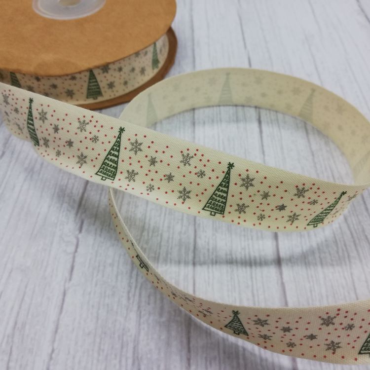 20mm Cotton Tape with Christmas Trees and Snowflakes