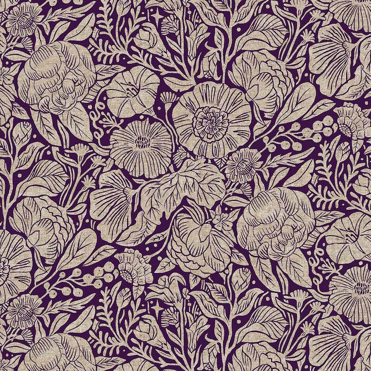 Lightweight Cotton Linen with Purple Floral Design on Natural by Elise Young for Figo Fabrics