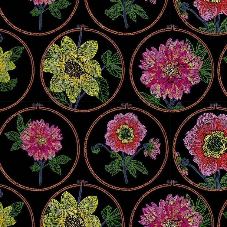 Cotton Linen Canvas - Flower Embroidery Hoops on Black from Silhouettes by Anna Maria Textiles CLAMT100-99L