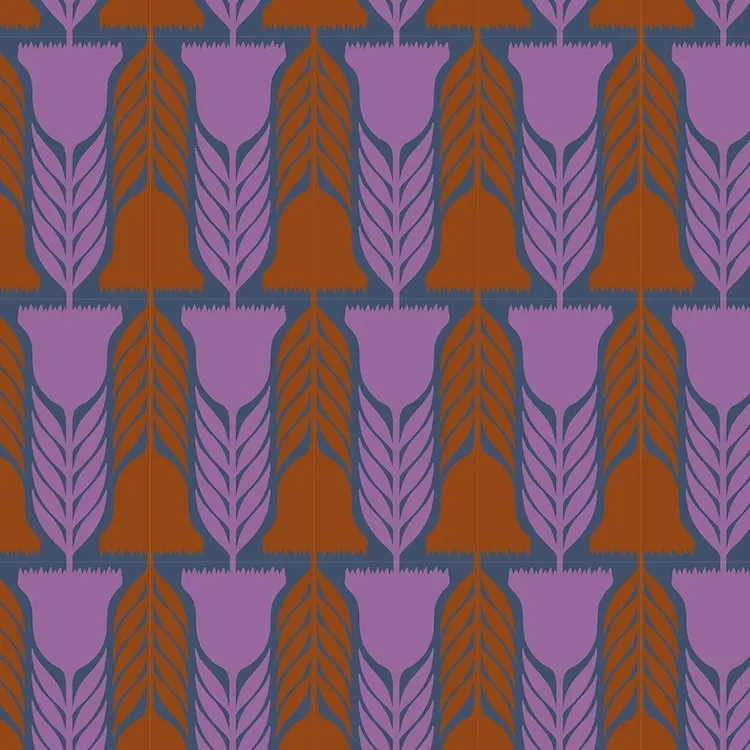 Cotton Linen Canvas - Geometric Flower Silhouettes in Gold and Purple from Silhouettes by Anna Maria Textiles CLAMT102-42V