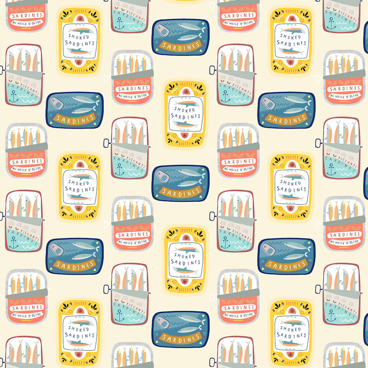 Quilting Fabric - Sardine Tins on Pale Yellow from Coast by Sally Payne for Dashwood Studios 2256