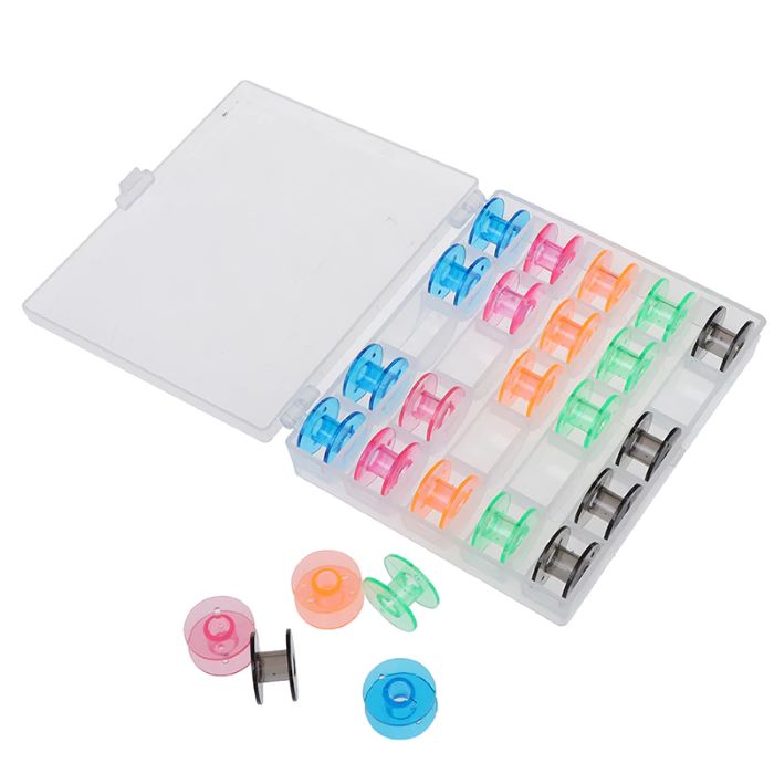 Box of Coloured Plastic Sewing Machine Bobbins - Pack of 25