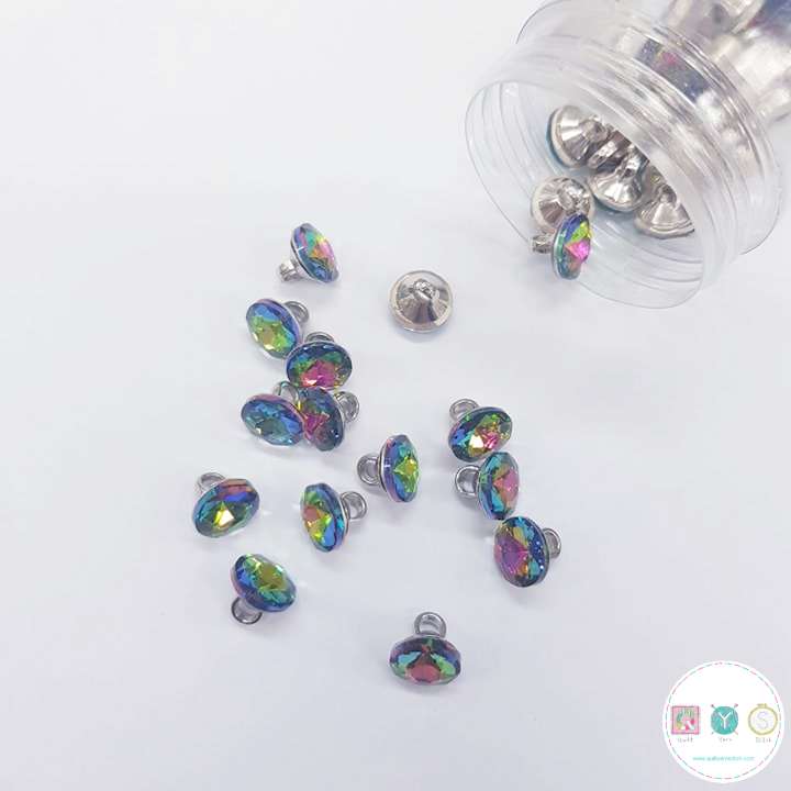 Diamante Button - Colourful Gem - 10mm - Low Shank - Metal Button - Haberdashery