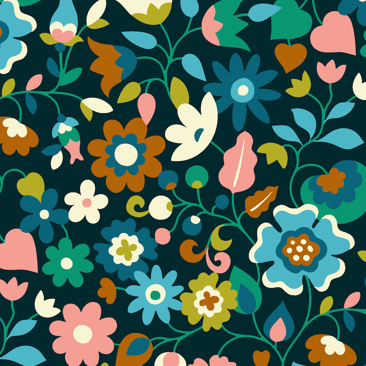 Cotton Corduroy Fabric with Floral on Very Dark Teal by Sholto Drumlanrig for Dashwood Studios