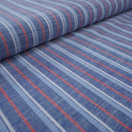 Cotton Fabric for Dressmaking - Deadstock - Blue with Red Stripes