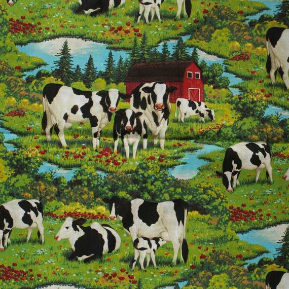 Quilting Fabric - Cows with Red Barn by Patty Reid Designs for Fabric Traditions