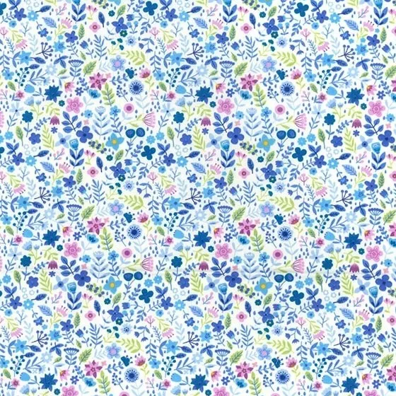 Cotton Poplin Fabric with Modern Ditzy Blue Floral on White