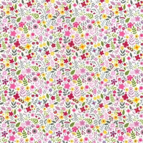 Cotton Poplin Fabric with Modern Ditzy Pink Floral on White