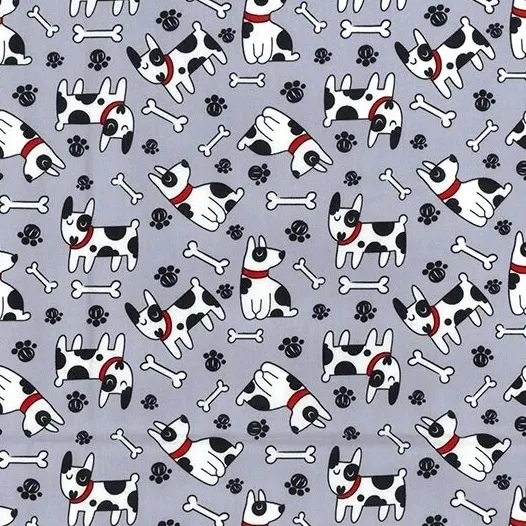 Cotton Poplin Fabric with Dogs on Grey