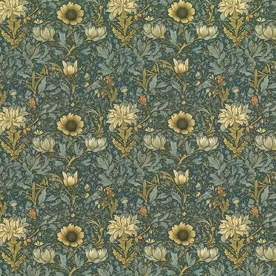 Cotton Poplin Fabric with Morris Style Floral on Teal