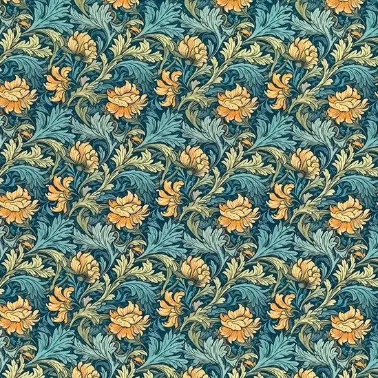 Cotton Poplin Fabric with Morris Style Orange Floral on Teal