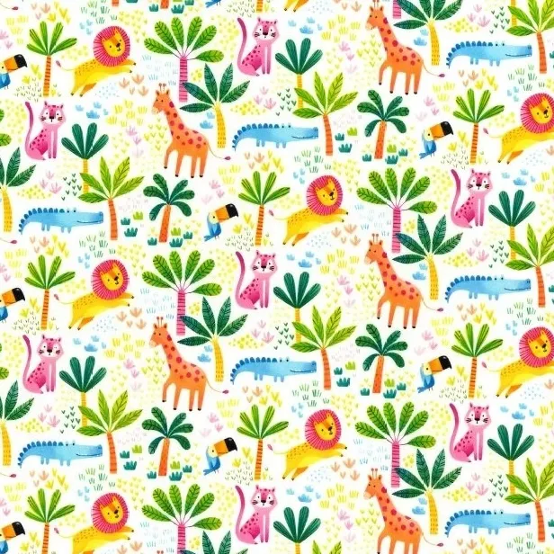 Cotton Poplin Fabric with Jungle Animals on White