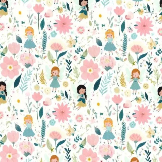 Cotton Poplin Fabric with Fairies and Flowers on White