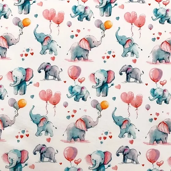 Cotton Poplin Fabric with Elephants and Ballons on Off White 