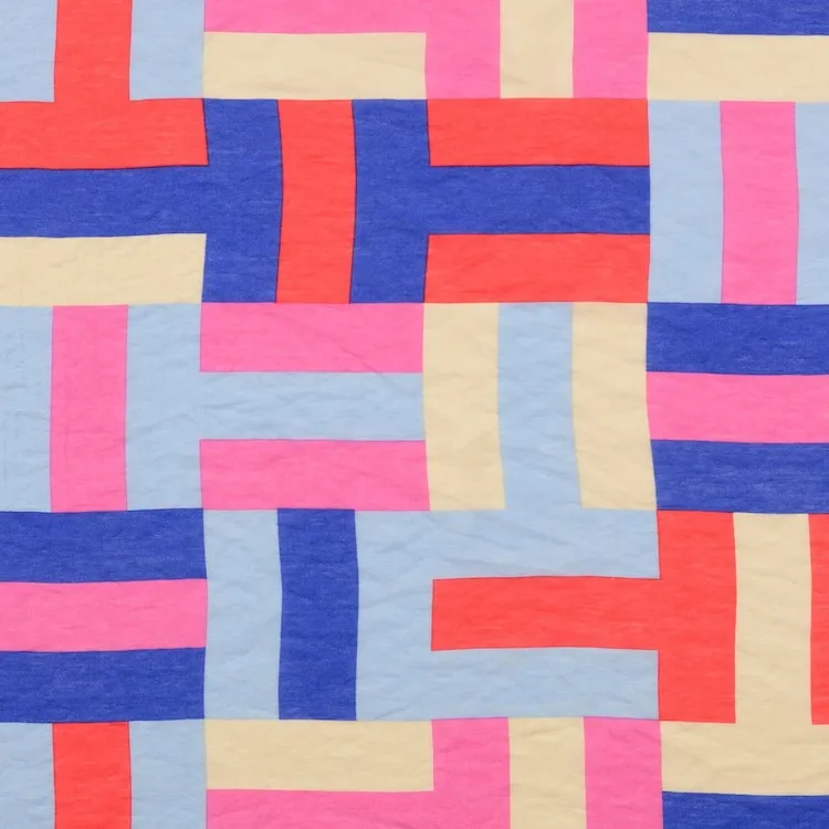 Lightweight Viscose Blend Fabric with Stripe Squares in Red, Blue and Off White