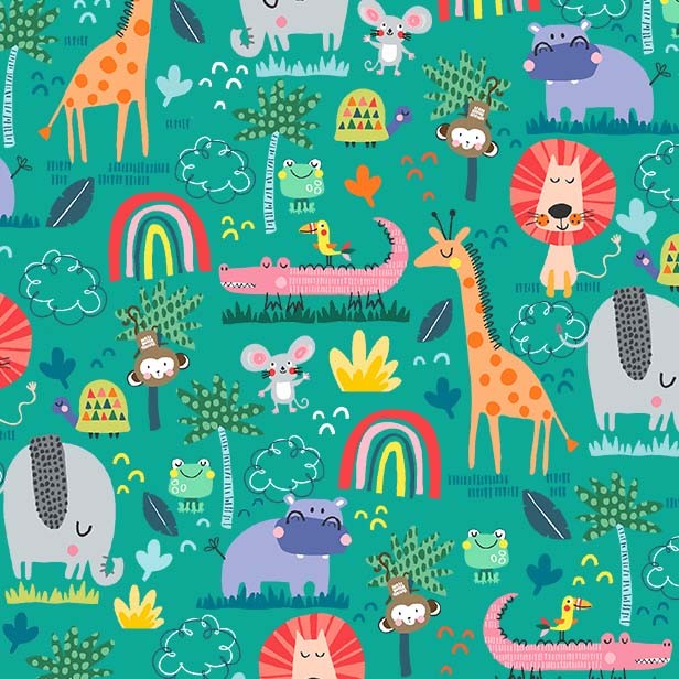 Quilting Fabric - Animals on Jade Green from Jungle Safari by Michael Miller DCX10441