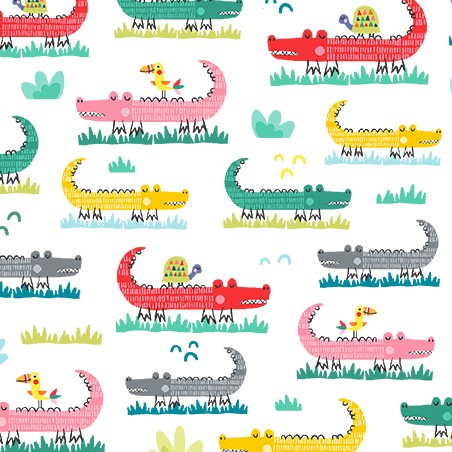 REMNANT -  32CM - Quilting Fabric - Colourful Crocodiles on White from Jungle Safari by Michael Miller DCX10444