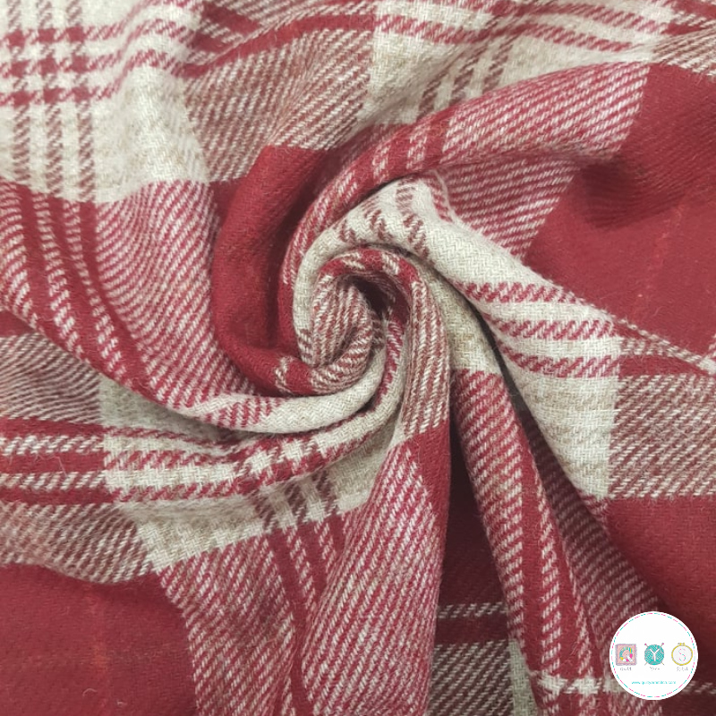 Wool Coat Fabric in Cherry and Ecru Plaid