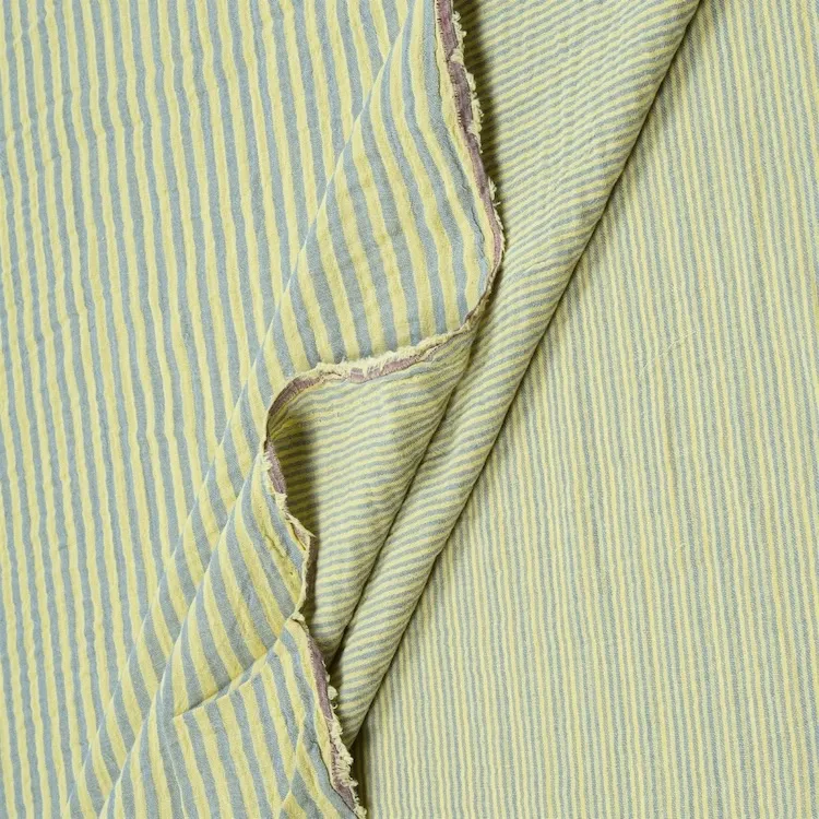 Double Gauze Cotton Fabric Reversible Stripes in Lemon Yellow and Grey