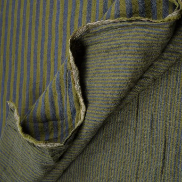 Double Gauze Cotton Fabric Reversible Stripes in Navy Blue and Olive Green