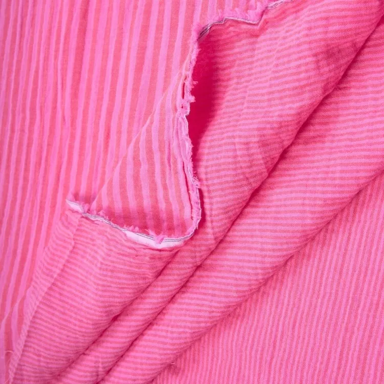 Double Gauze Cotton Fabric Reversible Stripes in Pink and Red