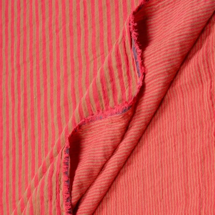 Double Gauze Cotton Fabric Reversible Stripes in Red and Brown