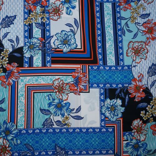 Deadstock - Poly Crepe Fabric  in Blue Floral Tiled Style