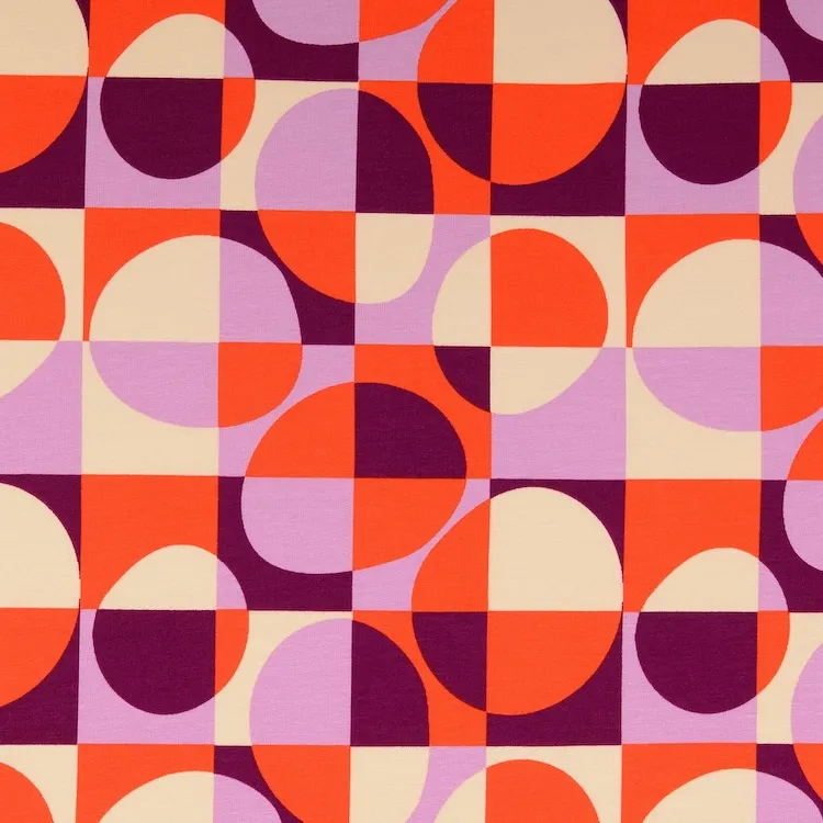 French Terry Cotton Fabric with Geometric Circle Pattern in Purples and Orange