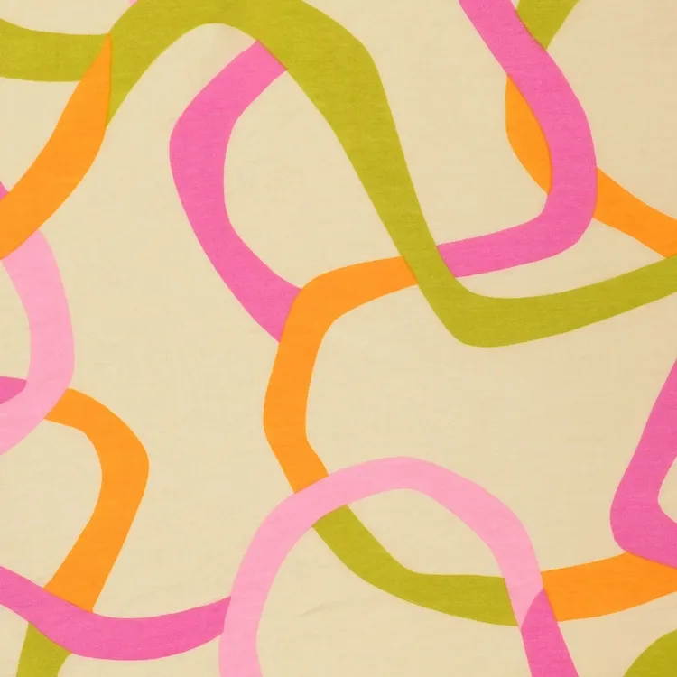 Lightweight Viscose Blend Fabric with Squiggly lines in Green and Pink on Cream