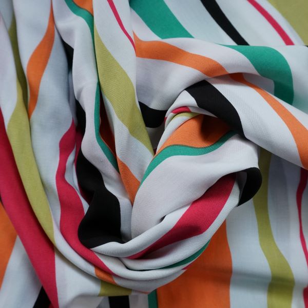 Deadstock - Viscose Fabric with Colourful Stripes on White