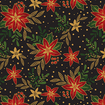 Quilting Fabric - Christmas Poinsettia On Black with Metallic Accents by Victoria Louise for The Craft Cotton Company 2806-01